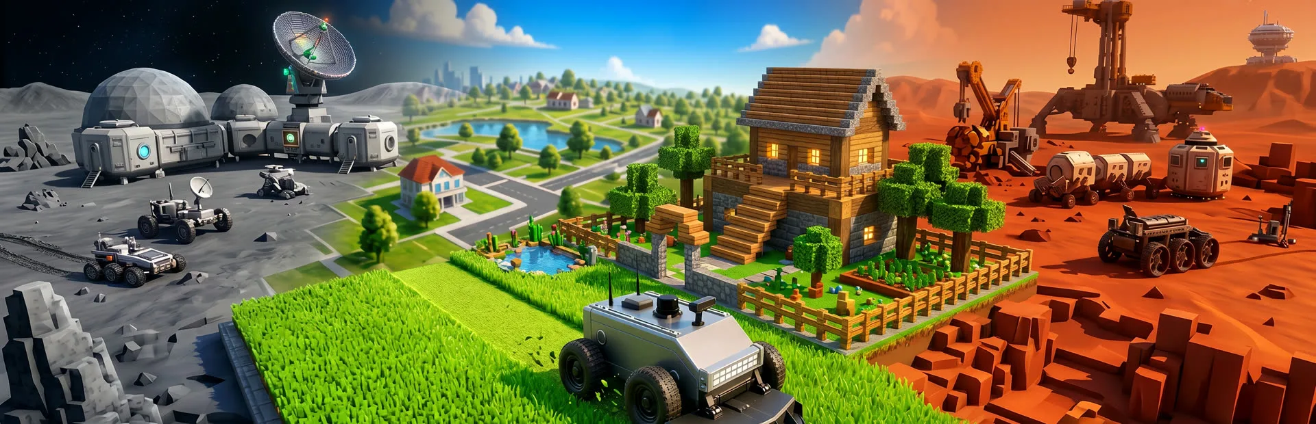 Mow My World game scenes showing CCBOT across Earth, Moon, and Mars