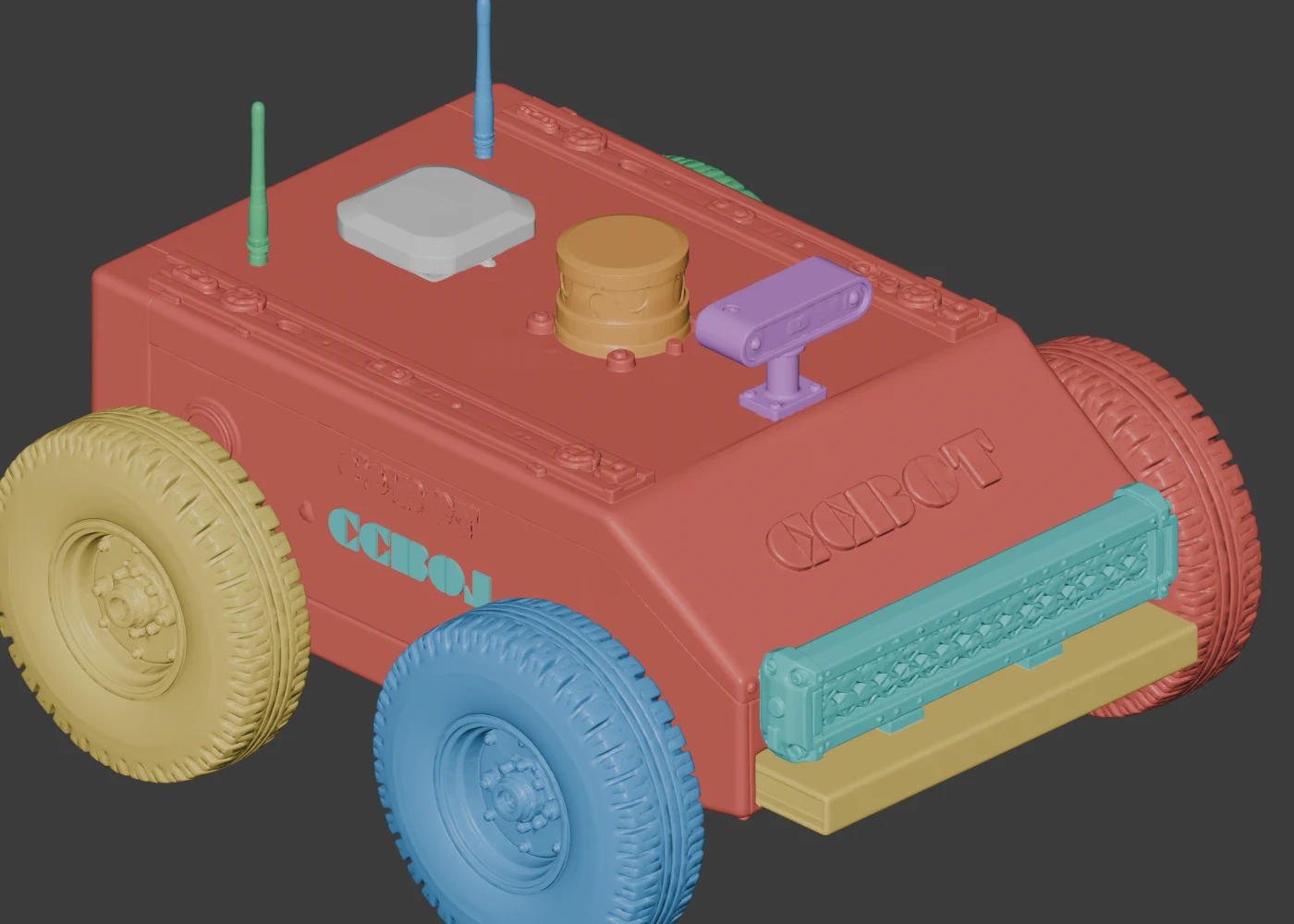Color-coded CCBOT chassis study for game model cleanup